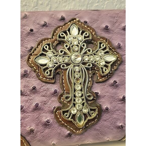 Fleur De Lis Cross Purse Wallet Faux Ostrich Snap Closure Purple Brown Western - Picture 13 of 13